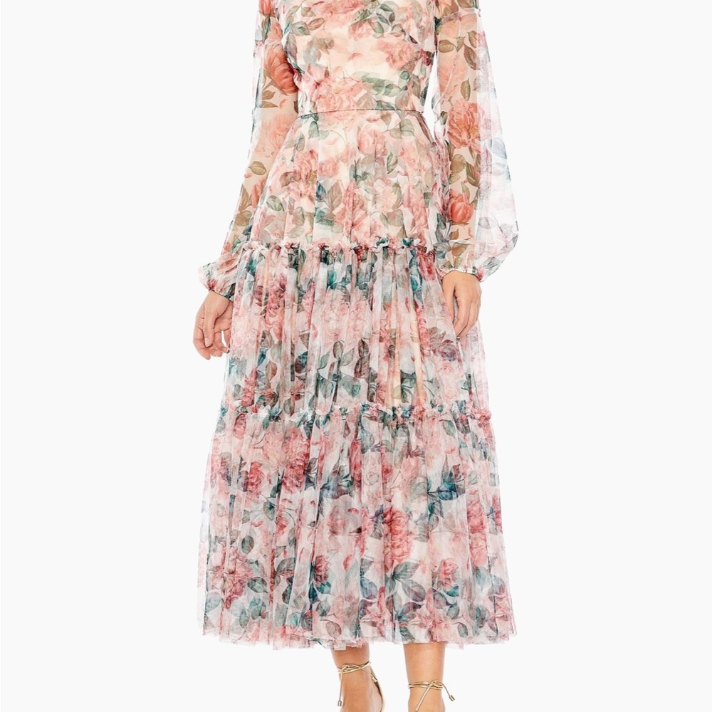 Mac Duggal Floral Chiffon Ballon Sleeve Midi Dress